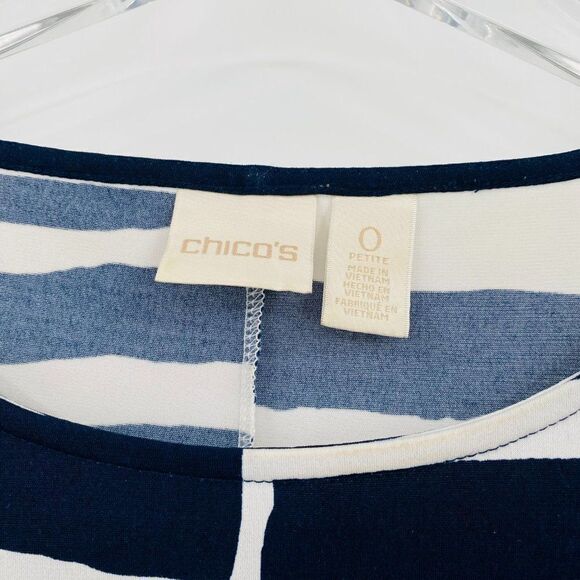 Chico's Size 0 Small Navy & White Striped Fringed Boxy Short Sleeve Blouse Top - Picture 6 of 9
